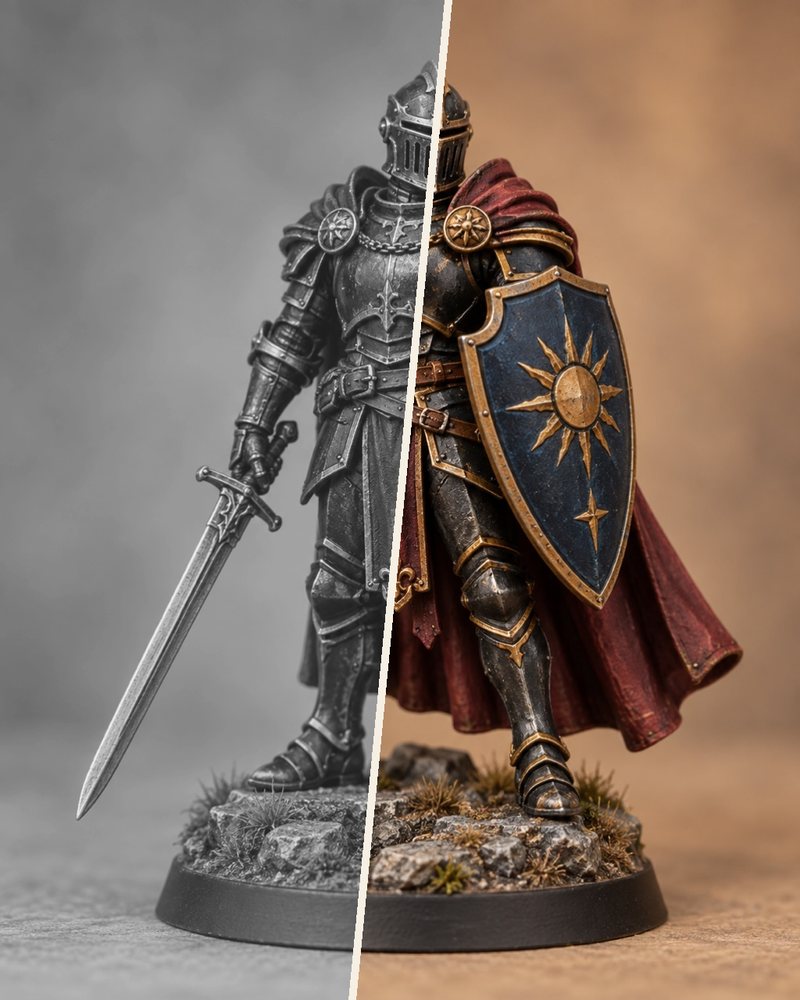 Une figurine de chevalier : moitié en sous-couche grise, moitié peinte